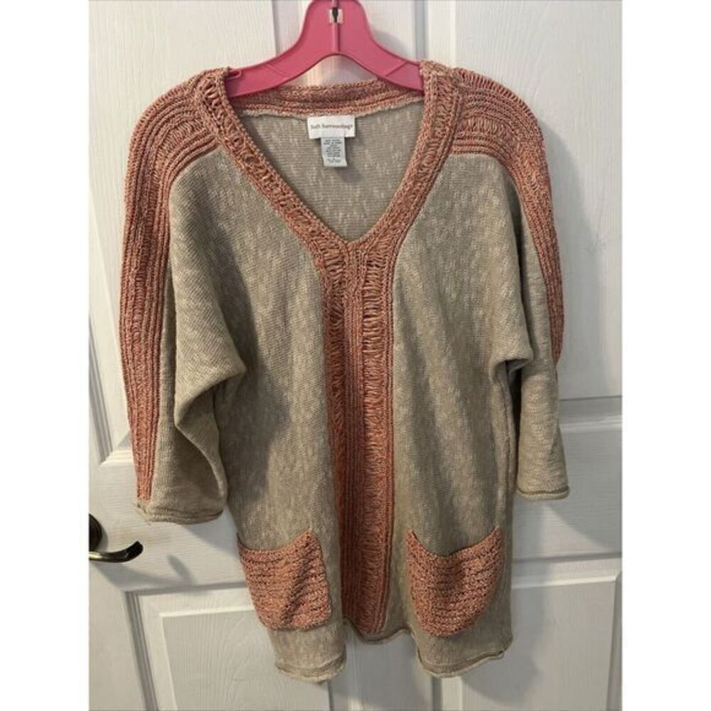 Soft Surroundings‎ Linen Blend Tan & Pink Knit Sweater Top Size Small